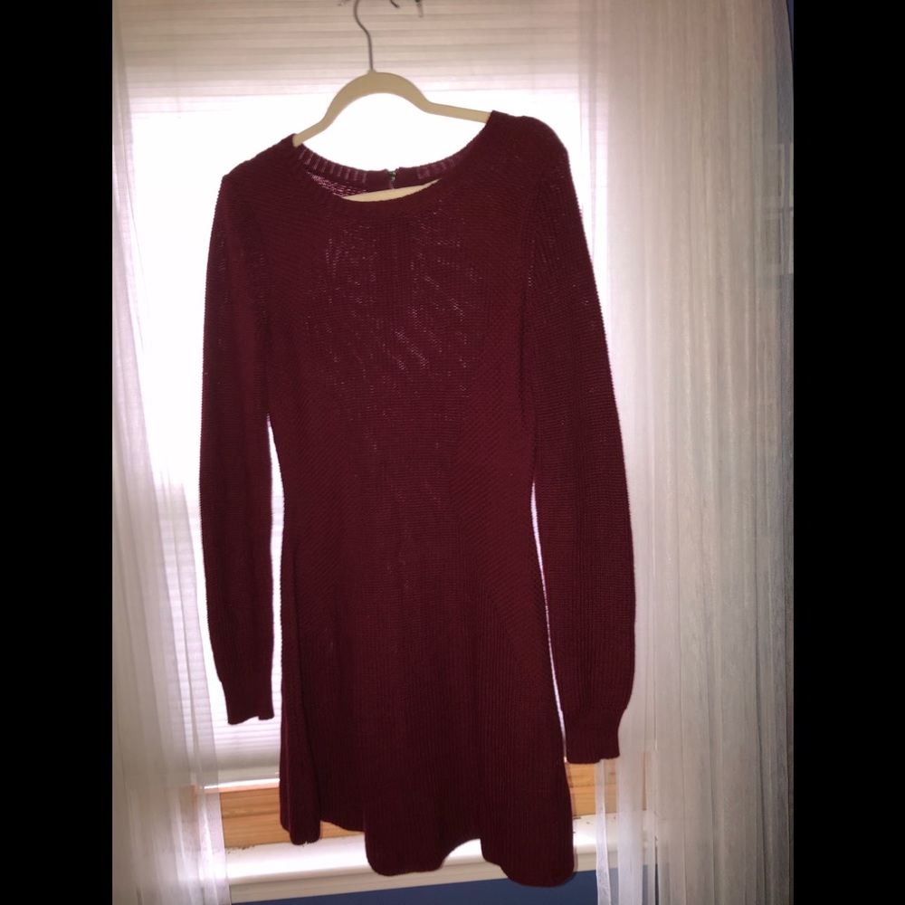 Maroon Long Sleeve Knee Length Sweater Dress